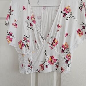 Forever 21 Floral V-Neck Crop Top - Pink and Yellow on White